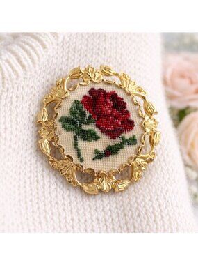 Vintage Gold-Tone Floral Brooch With Cross-Stitched Rose Design Ornate Frame Han
